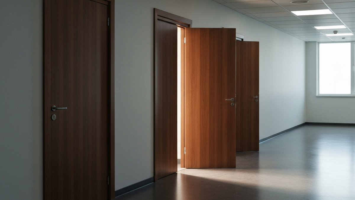 Three office doors with the middle one open to warm light, evoking choosing one resume format among three.