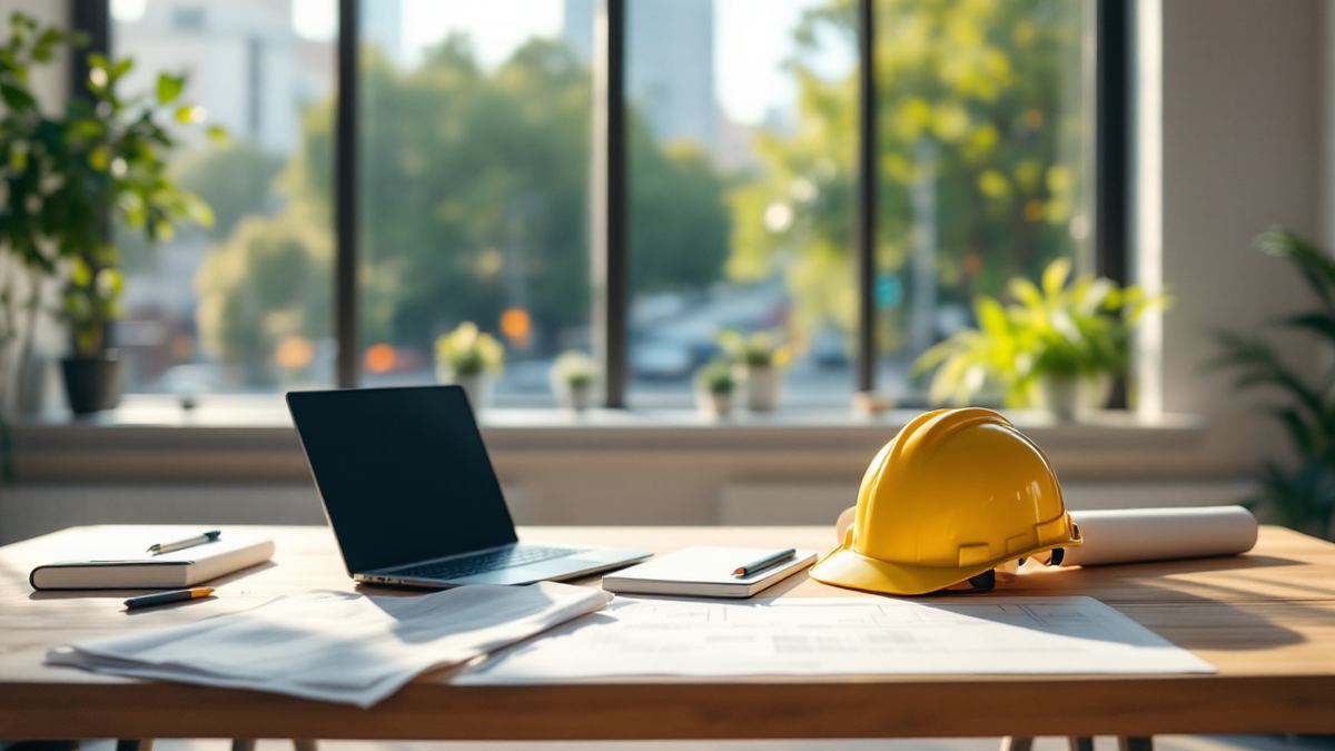An engineering desk with a hard hat, rolled blueprints and a laptop by a bright office window