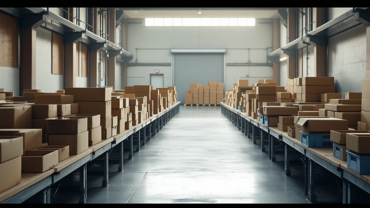 Deserted community food bank sorting hall, long trestle tables stacked with open crates and boxes