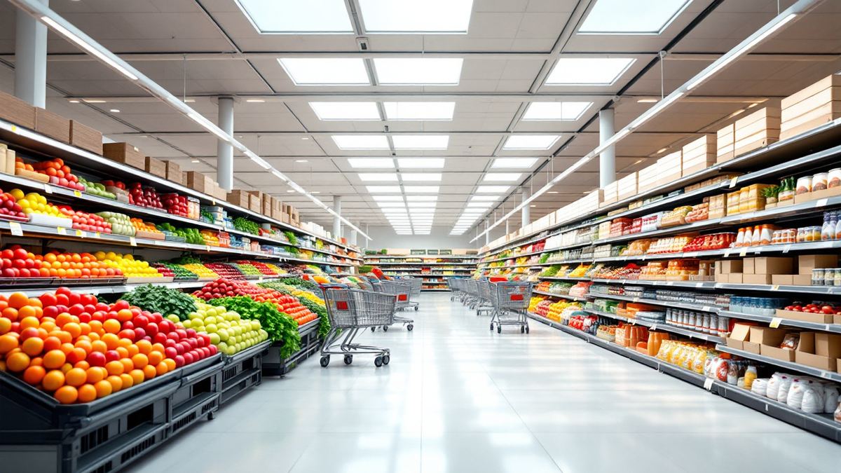 A bright supermarket aisle with fresh produce, stocked shelves and shopping carts