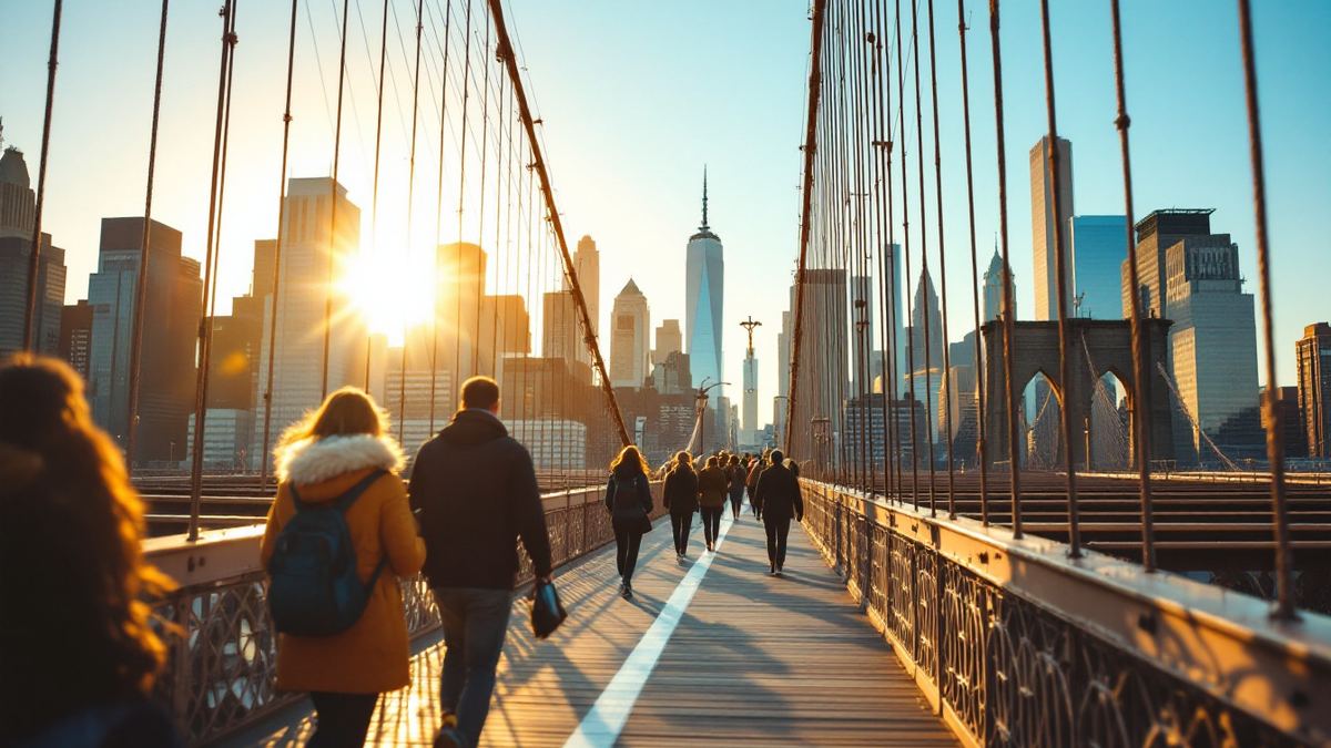 Commuters seen from behind walking across the Brooklyn Bridge toward the Manhattan skyline at golden hour
