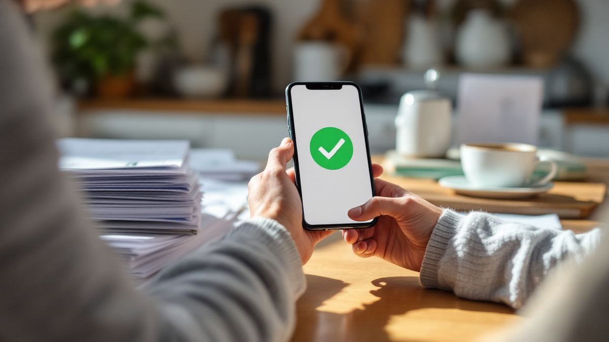 Hands holding a phone with a green check mark beside a tall stack of old job applications