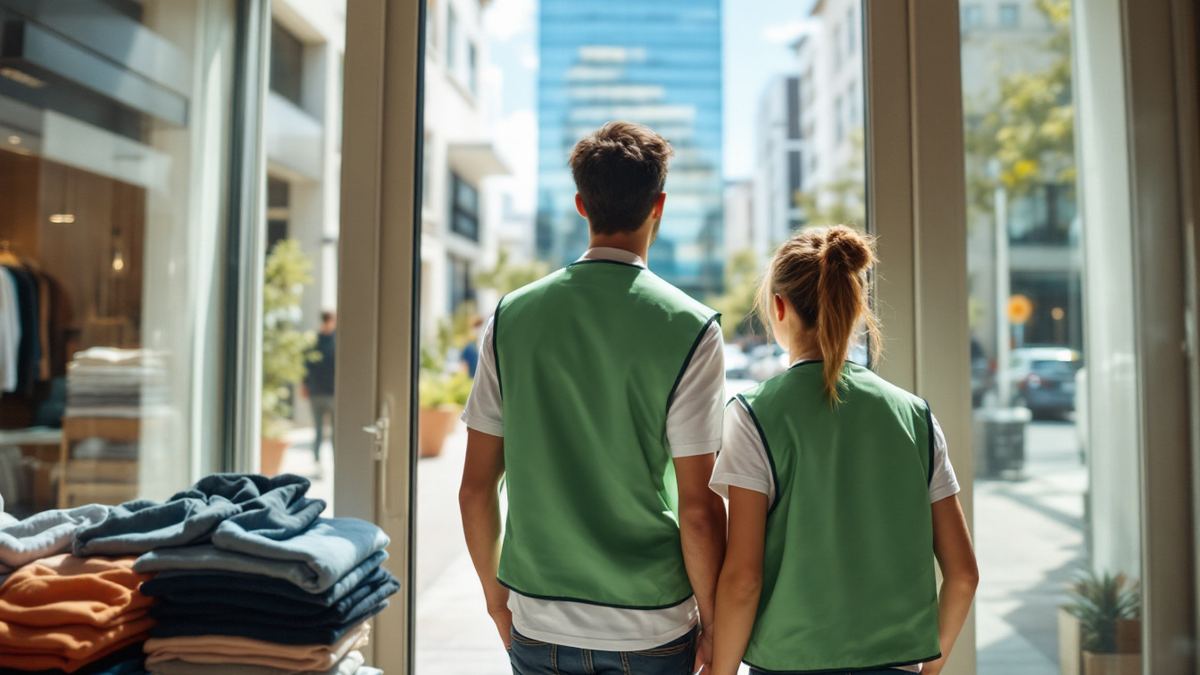 Two retail workers in store vests seen from behind walking out toward a modern office building
