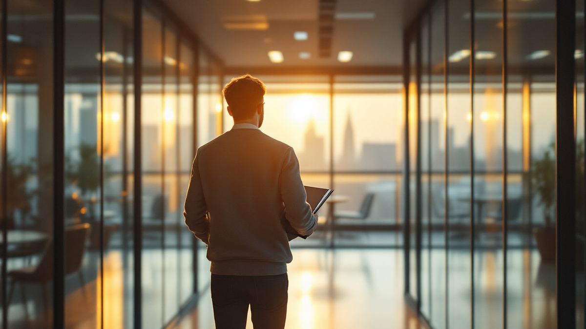 An employee seen from behind walking down a sunlit office corridor toward a manager's glass office holding a folder