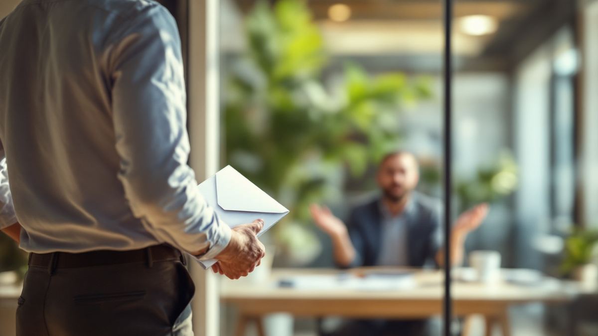 An employee holding a resignation envelope while a manager pleads across a desk