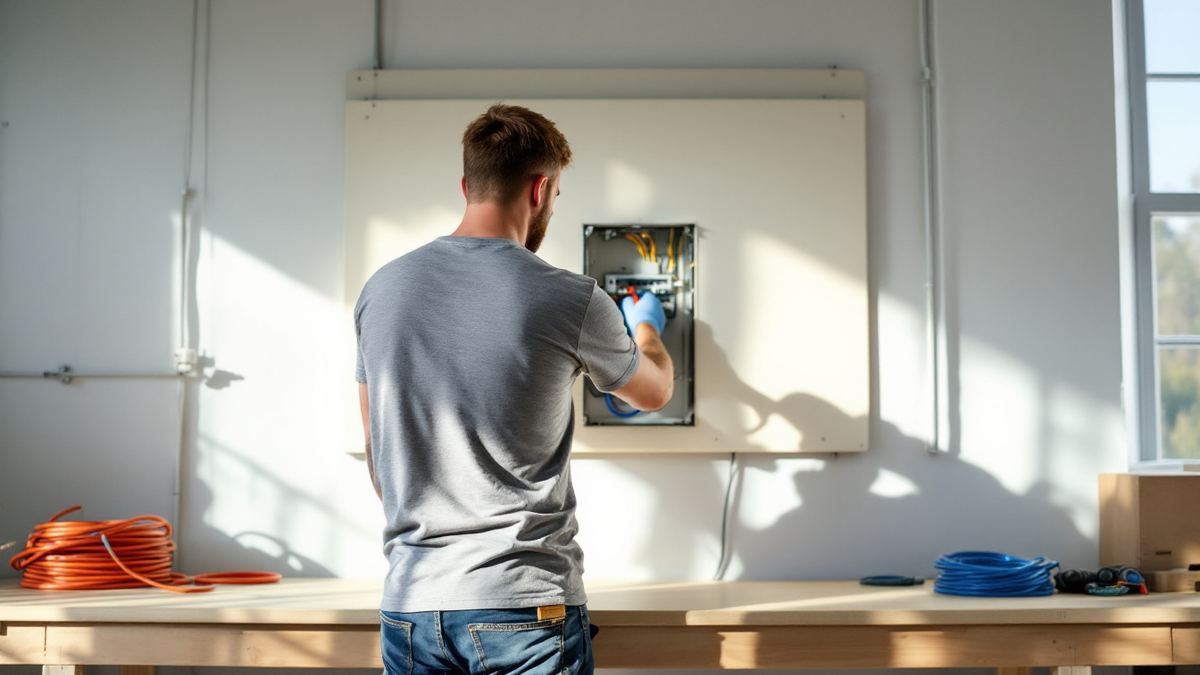 An adult student seen from behind wiring a practice electrical panel in a bright training lab