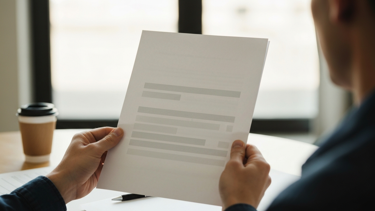 Hands holding and reading a printed resume at a desk, evoking a resume summary being read.