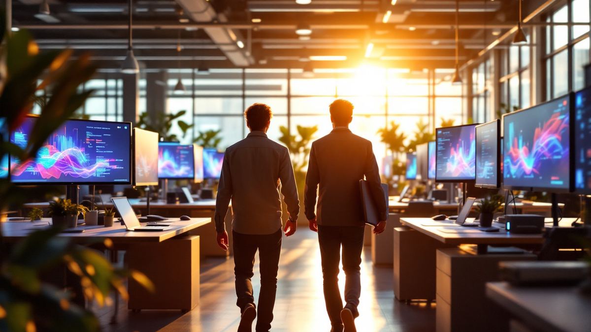 Two new software engineers seen from behind walking onto a bright tech office floor