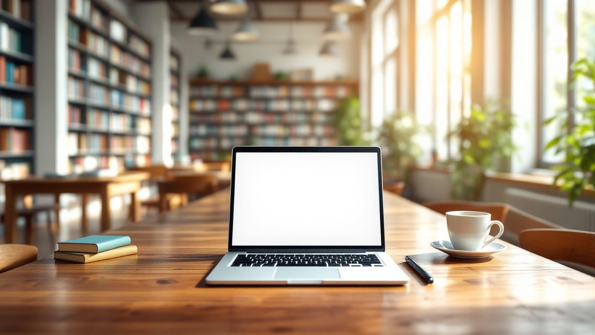 An open laptop, coffee and pen on a long wooden table in a sunny library reading room