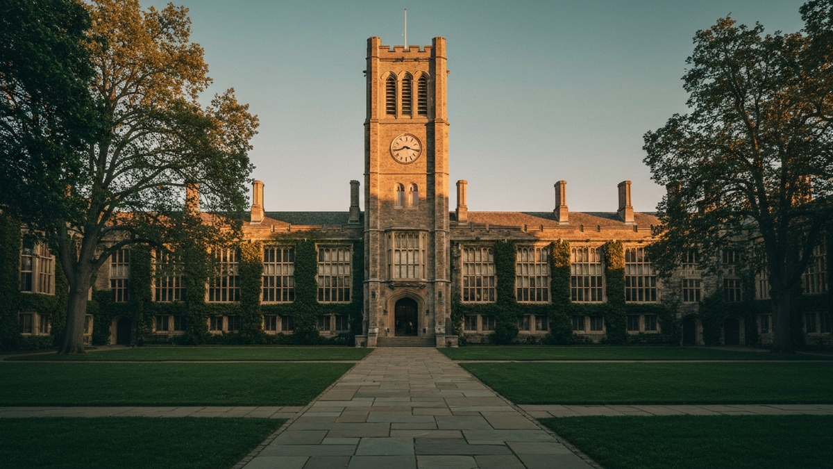 A stately university building with a clock tower at golden hour, evoking a resume's education section.
