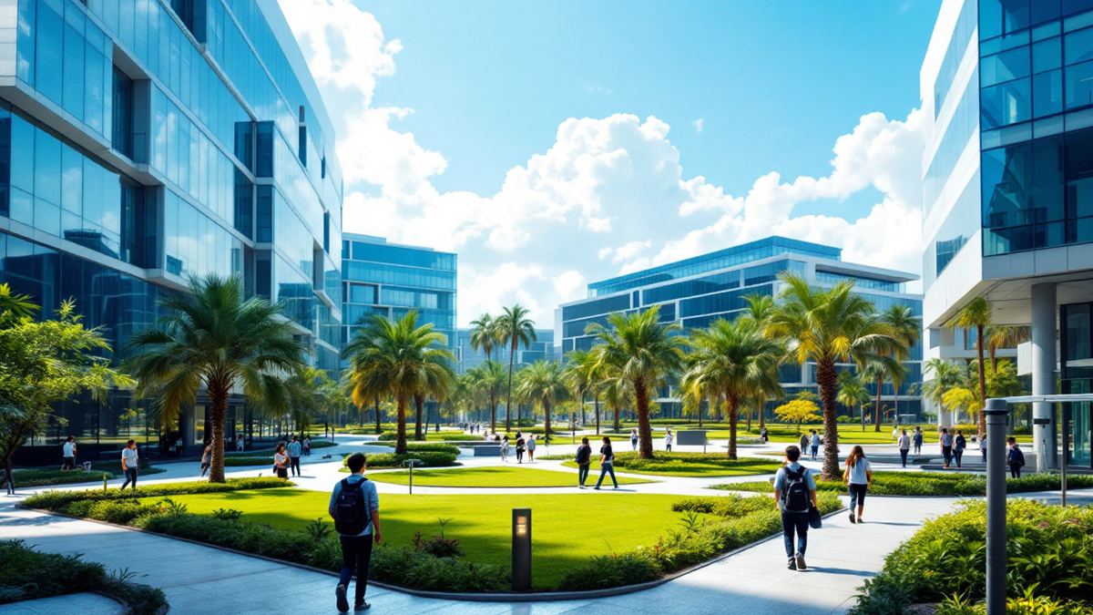 A Chennai tech park courtyard with young graduates walking in the distance