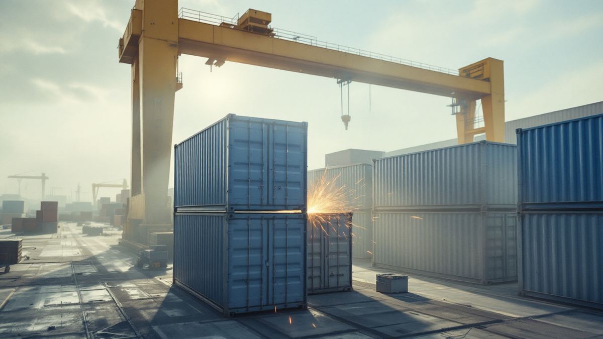 Container fabrication yard, new steel boxes, welding sparks