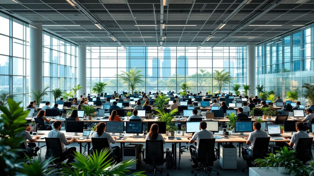 A large bright open-plan tech office with rows of desks and tropical trees outside the glass walls