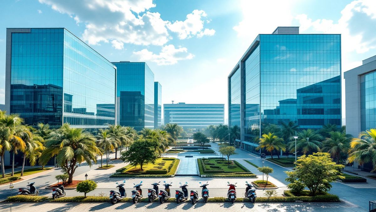 Glass office blocks around a landscaped courtyard with parked scooters on an IT campus in Bengaluru