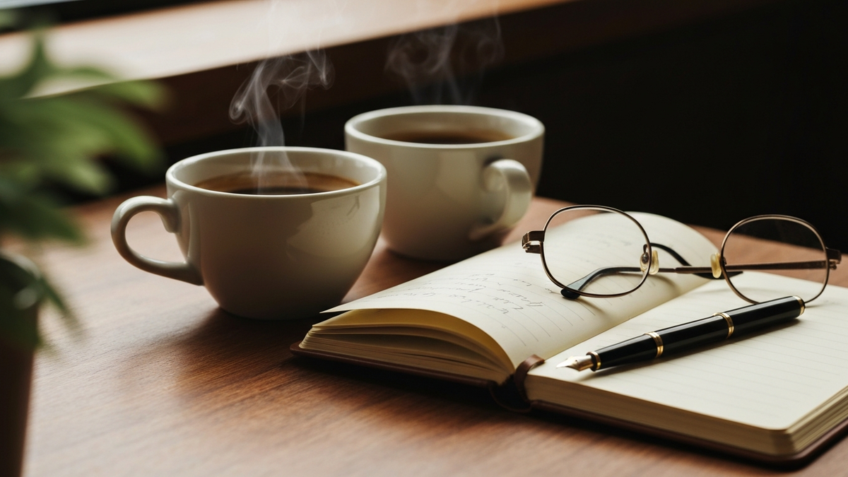Two coffee cups and an open notebook for an informal mentoring conversation