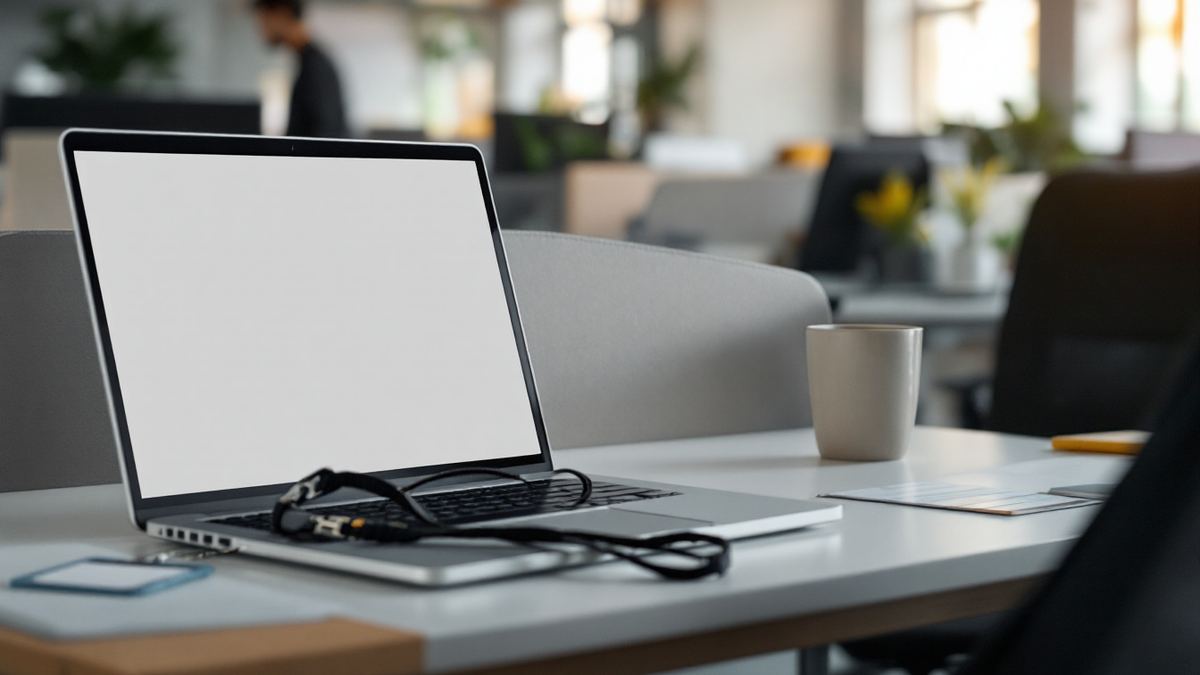 Empty desk, laptop with blank screen and an ID badge left behind