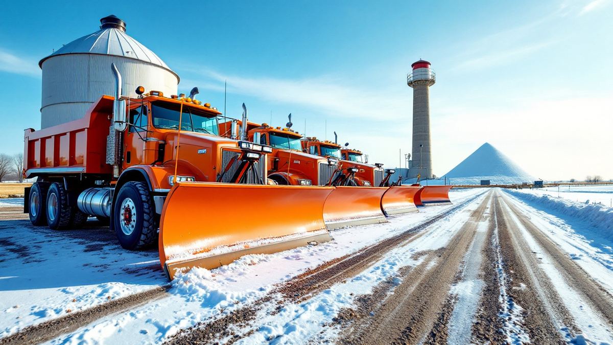 Orange snow plow trucks lined up beside a salt storage dome in a snowy Iowa yard