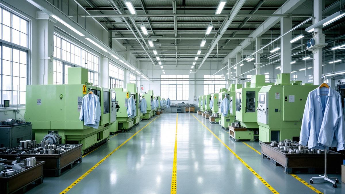A tidy Japanese precision parts factory with green CNC machines, steel parts in trays and work jackets on hooks
