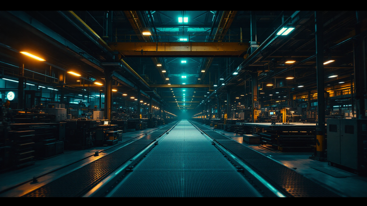 Newspaper printing hall at night, a long press running away from camera under gantry lighting