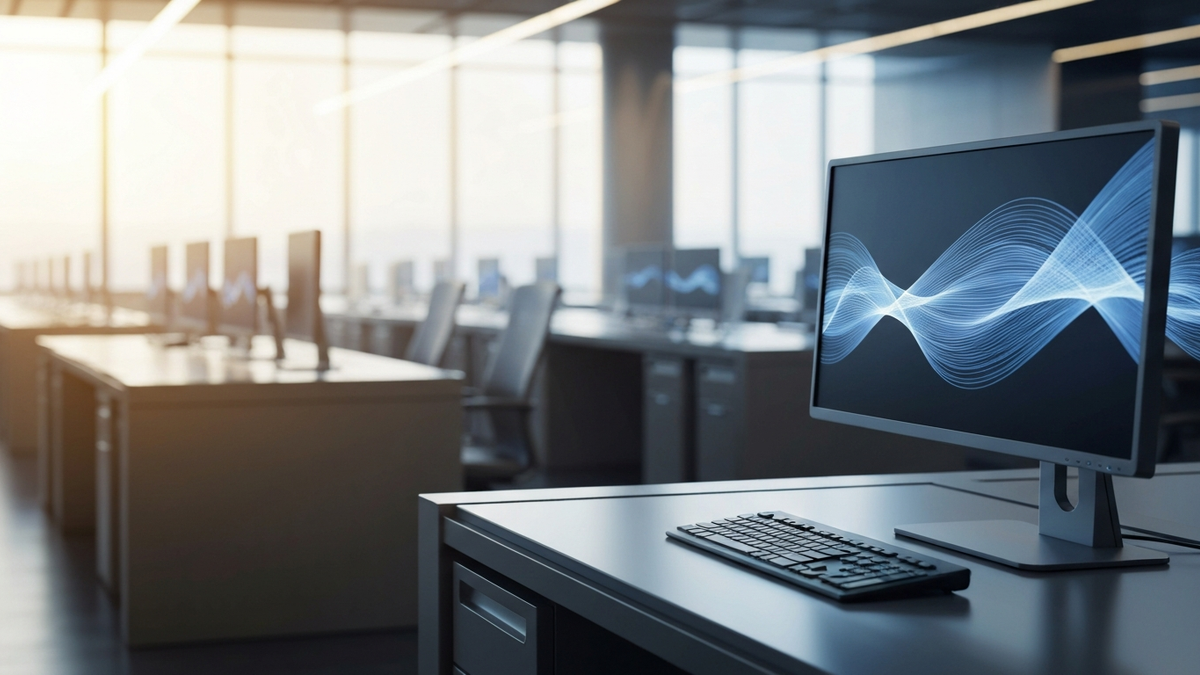 Empty investment-bank trading floor with a single desk and AI data-flow on a monitor, symbolizing JPMorgan hiring more AI specialists and fewer bankers