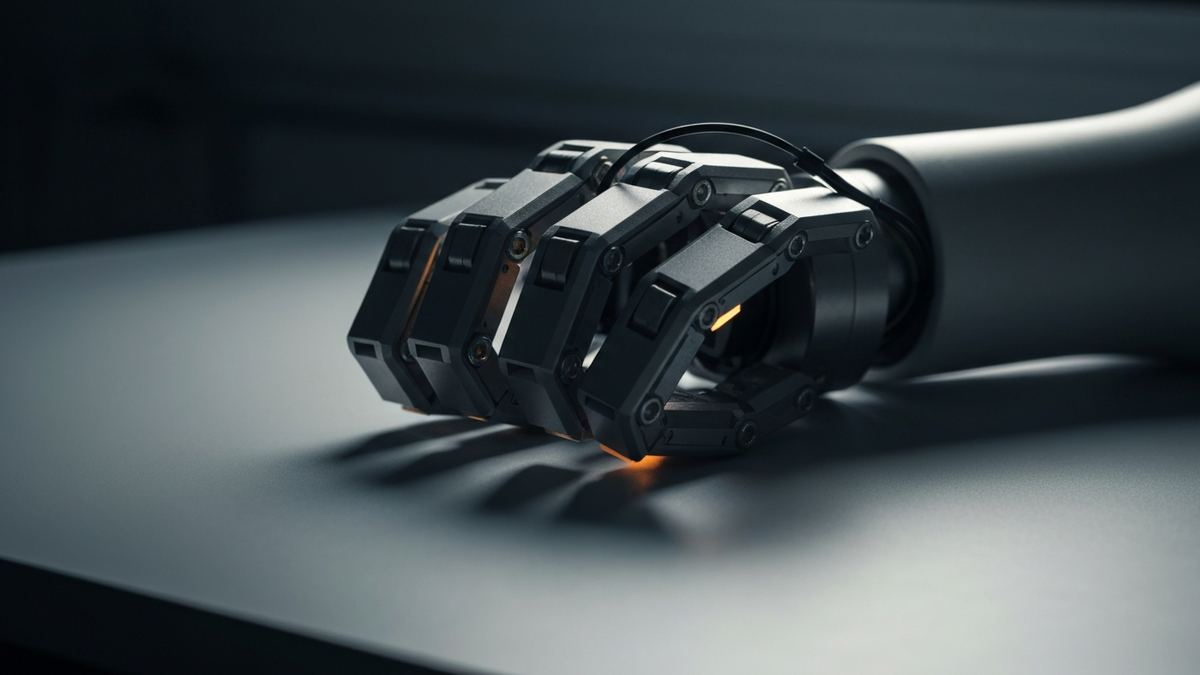 Robotic gripper hand resting on industrial workbench