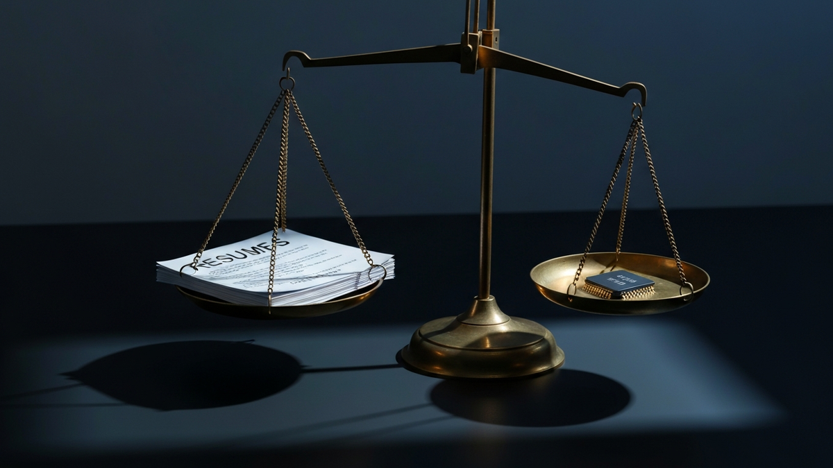 Brass balance scale weighing paper resumes against a microchip, symbolizing recruiters versus AI hiring algorithms
