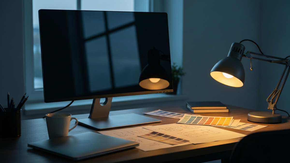 Empty modern web designers desk at dusk with darkened monitor and warm desk lamp