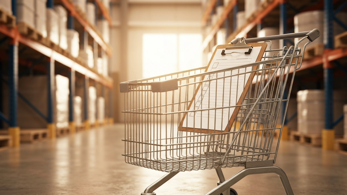 Empty warehouse club shopping cart with inventory clipboard