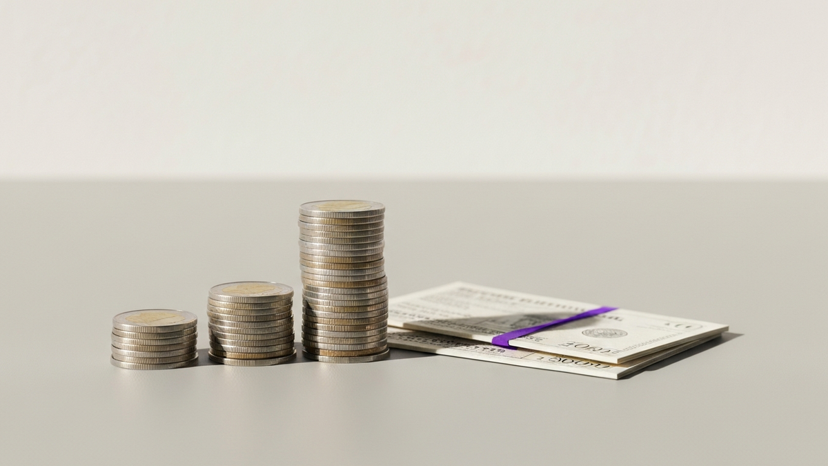Two coin stacks of different heights with paychecks