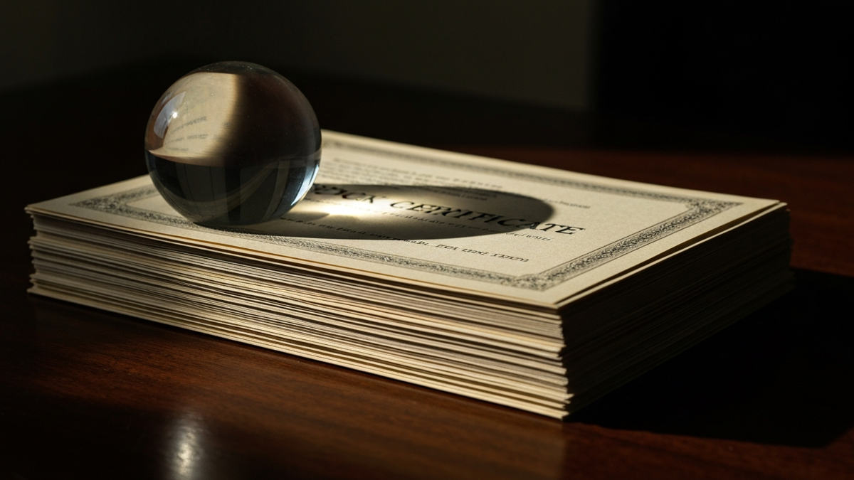 A glass paperweight on a stack of stock-certificate documents