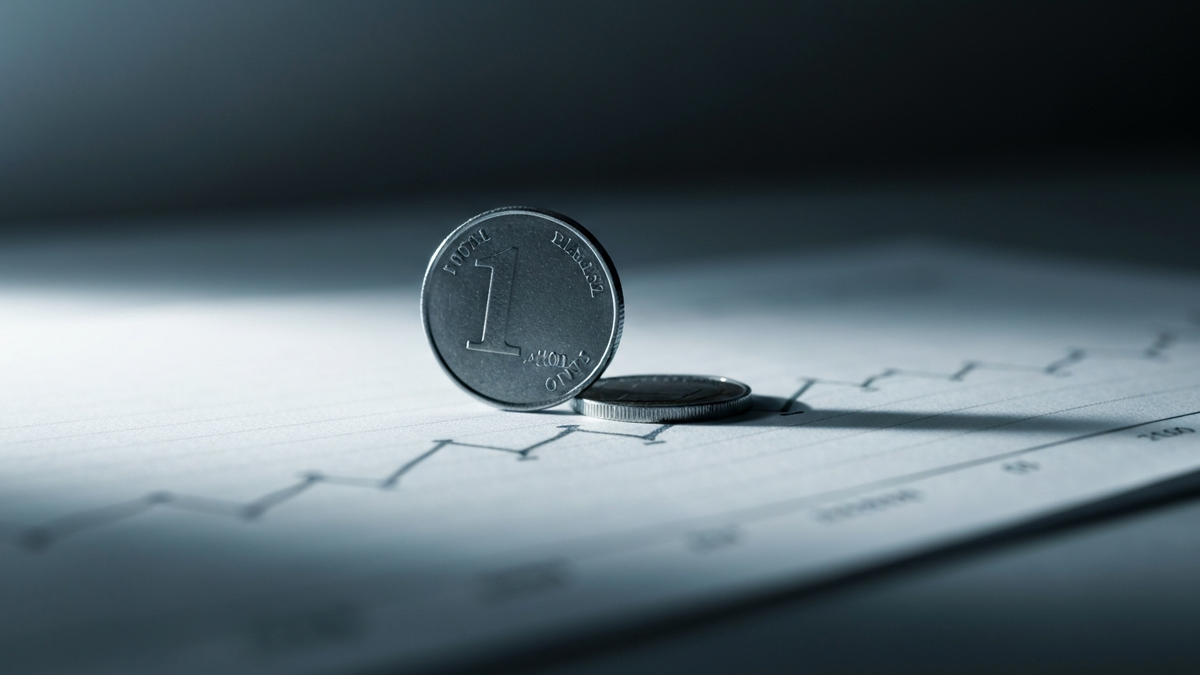 A coin balanced on a downward-trending line chart