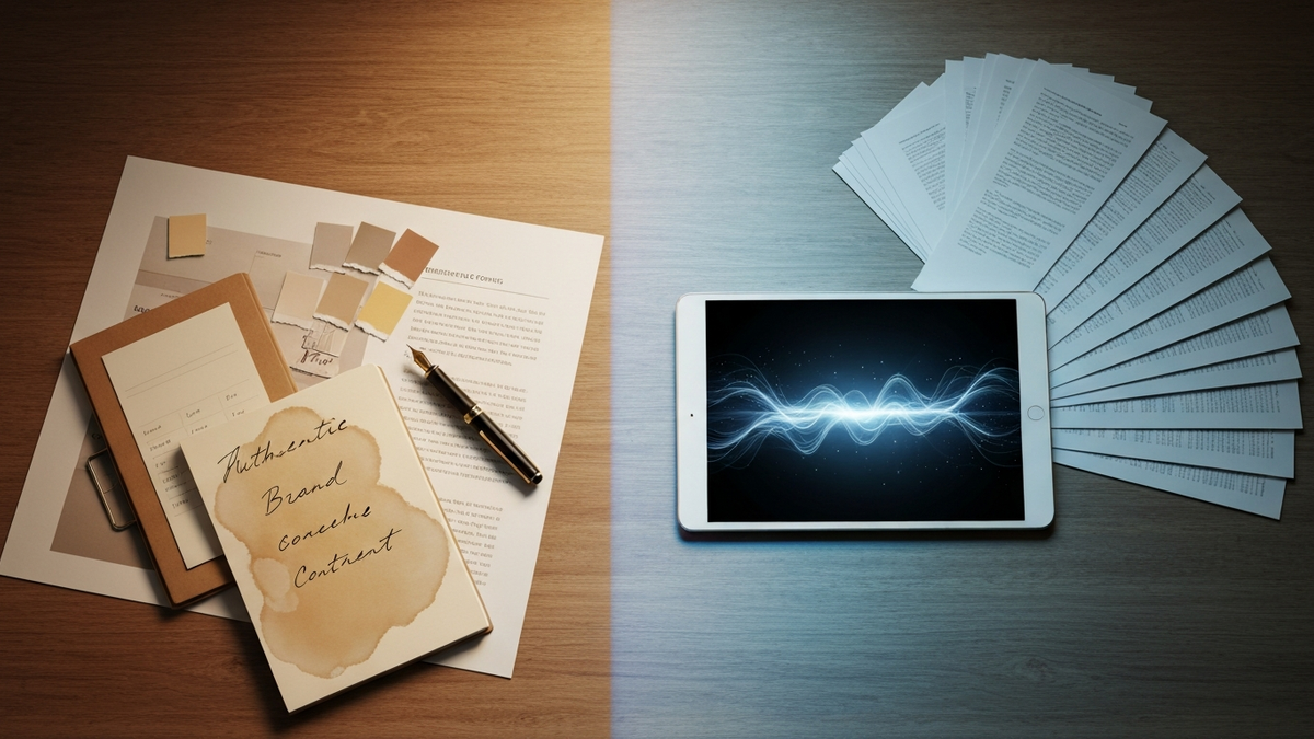 Split desk showing human brand craft beside AI-generated marketing output, symbolizing the consumer AI backlash for marketers