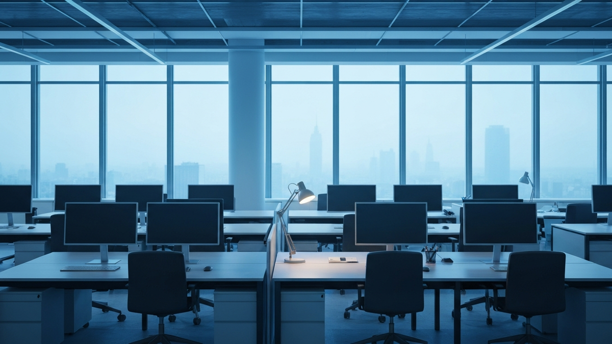 Empty modern European bank open-plan office at blue hour with hazy city skyline