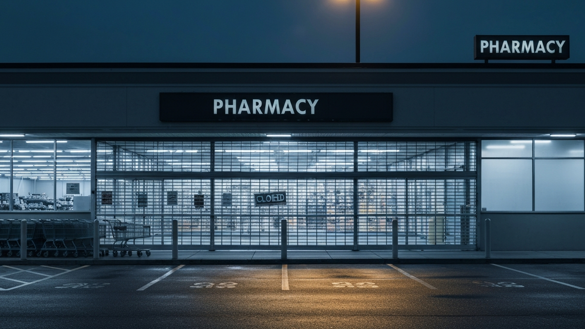 A shuttered grocery storefront at night with the security gate down