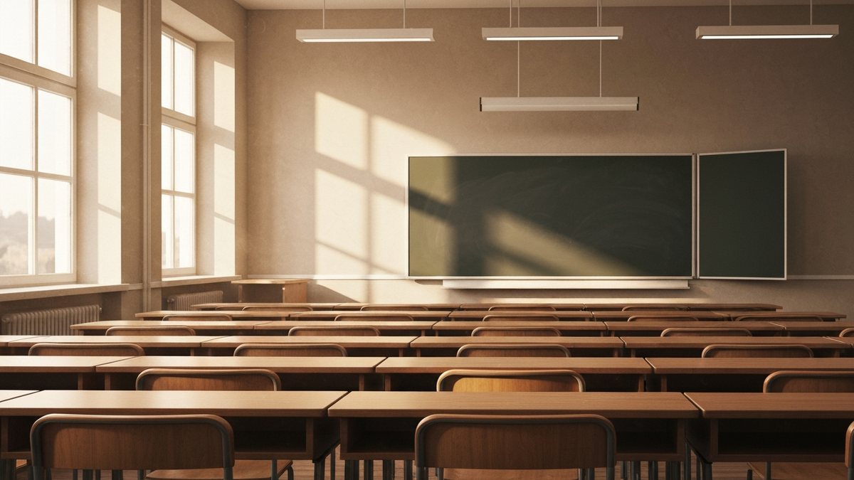 An empty classroom with a blank chalkboard and rows of desks