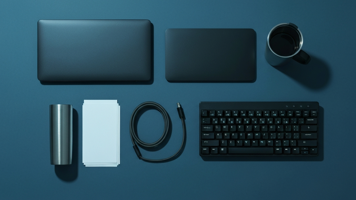 Overhead flat-lay of developer tools on a slate-blue surface