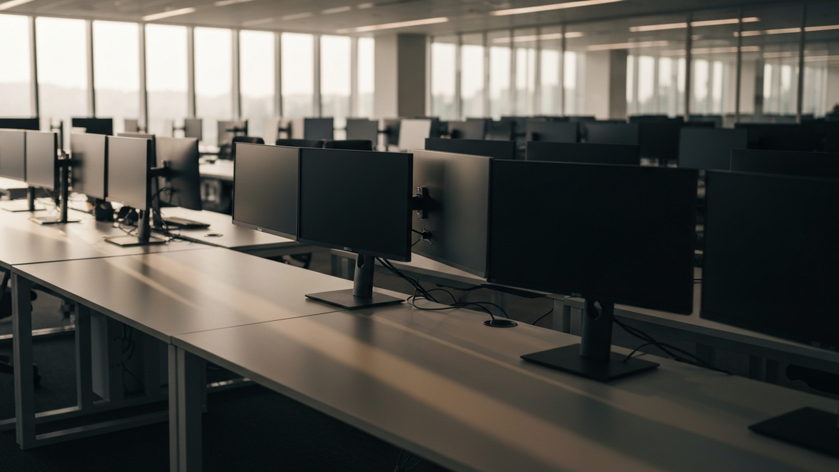 An empty open-plan tech office with rows of vacant desks