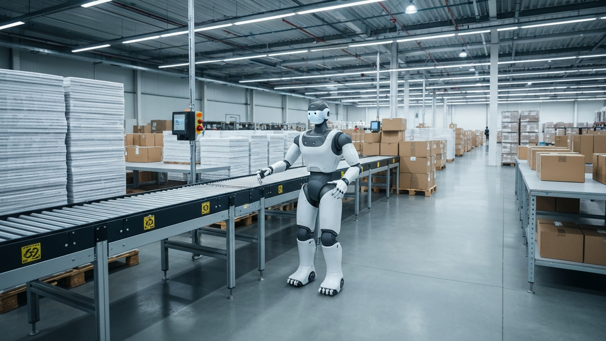 A humanoid robot working at a sorting line in a distribution warehouse