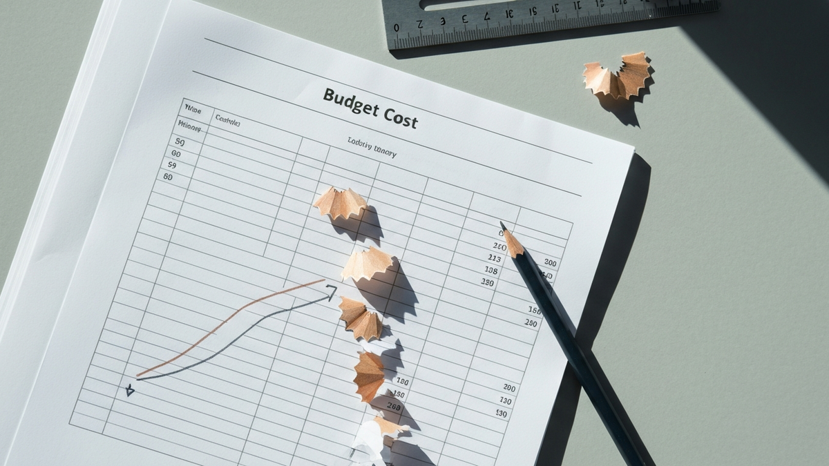Overhead paper budget ledger with trimmed line items
