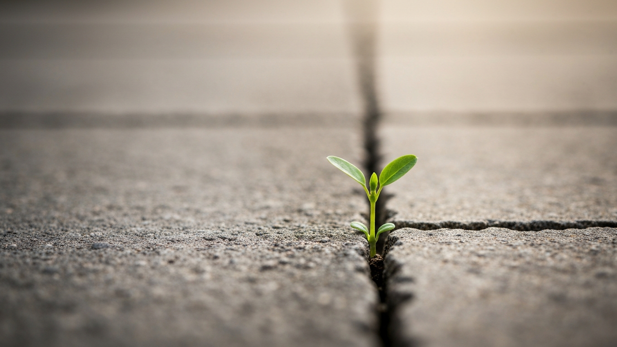 A green sprout growing through a crack in gray concrete