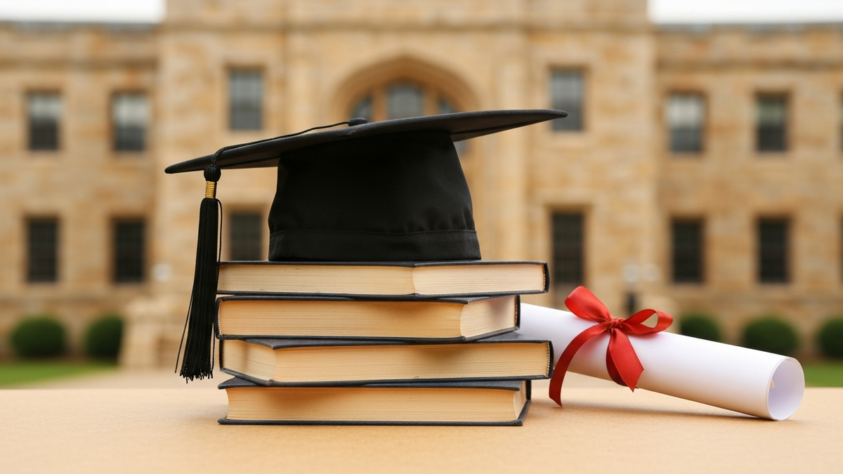 A graduation cap on a stack of books beside a diploma