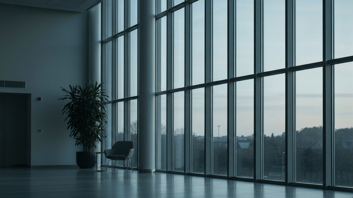Quiet modern office lobby at dawn with an empty chair beside tall windows