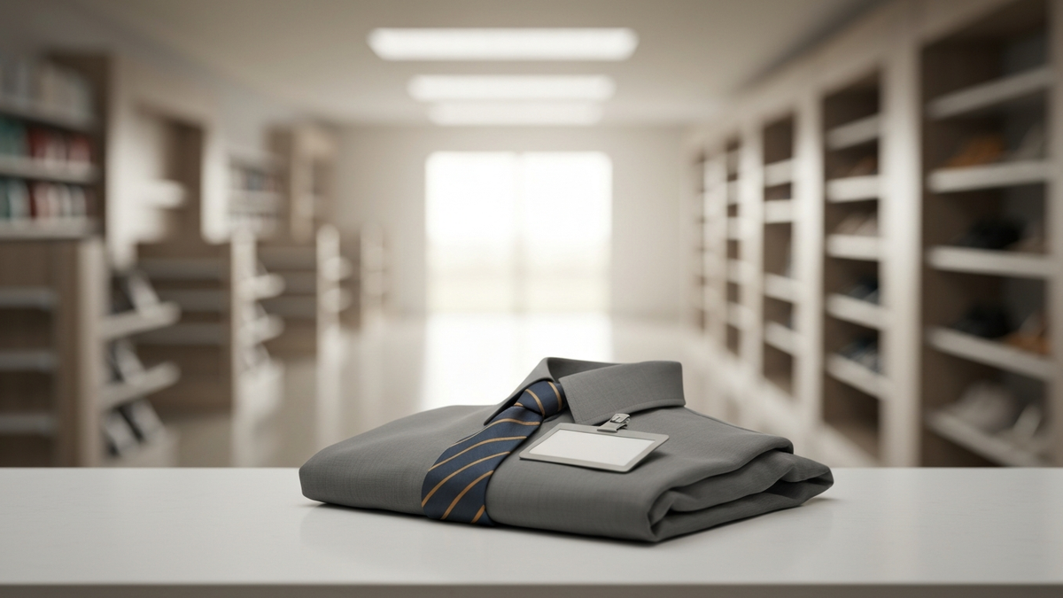 A folded retail uniform and name badge on a shop counter