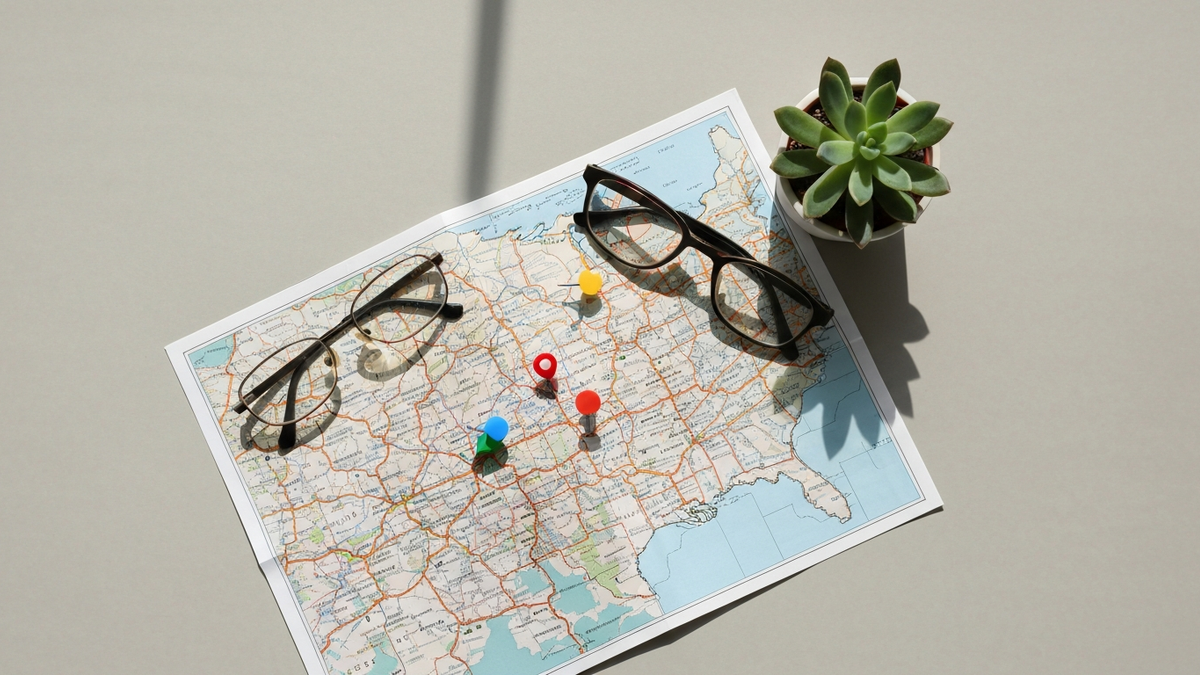A folded US road map with colored location pins