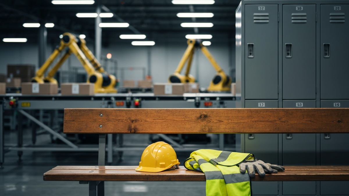Hard hat, hi-vis vest and gloves on a bench beside lockers in an automated warehouse