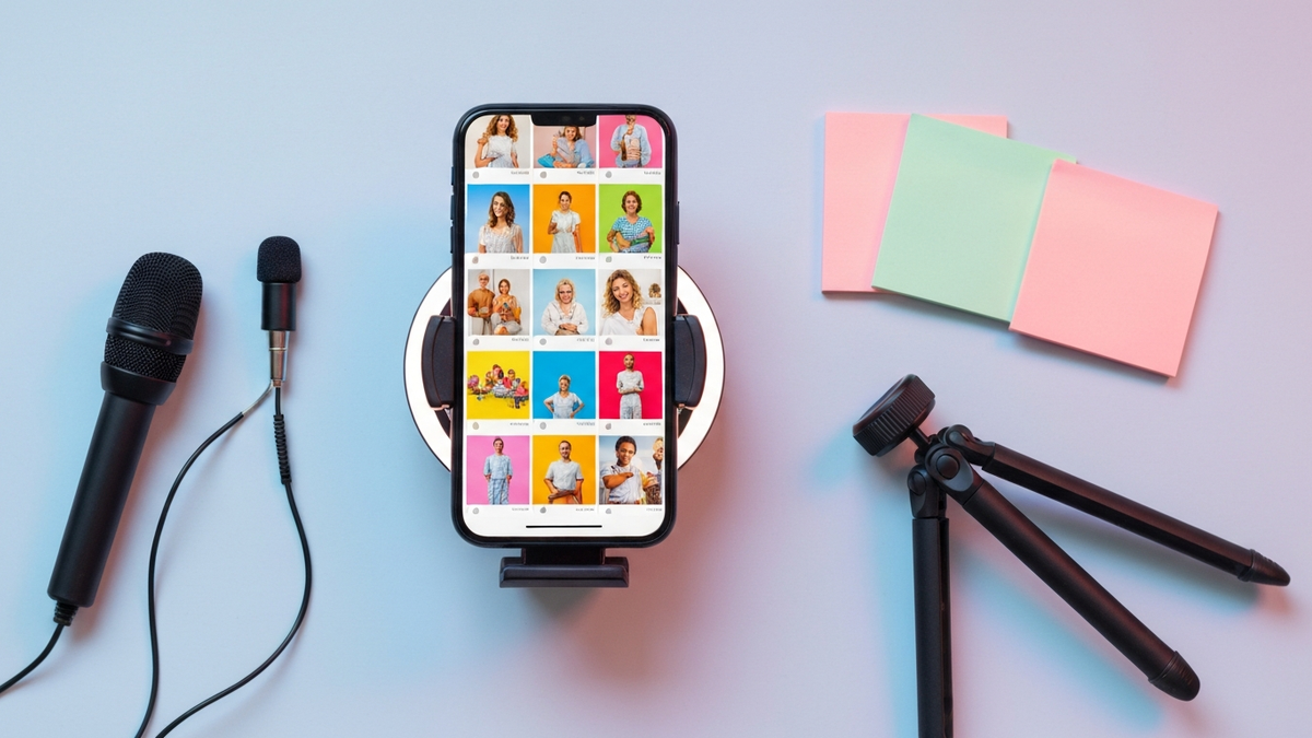 A smartphone on a ring-light stand showing a social media feed