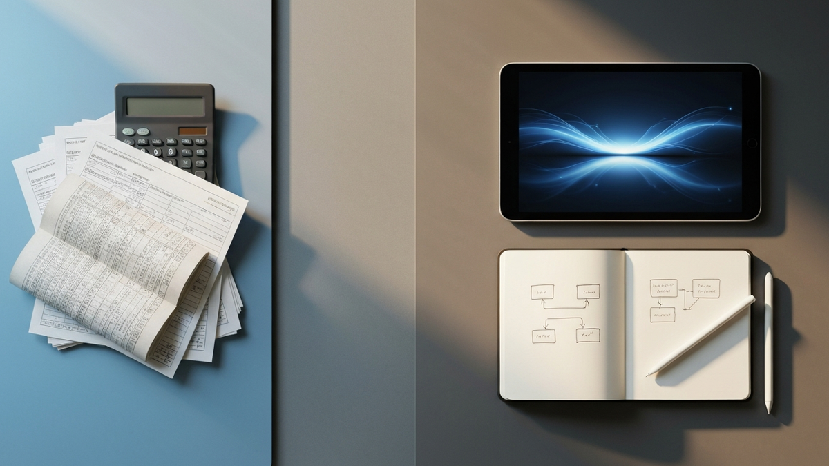 Desk split between fading analog tools and new digital skills with a gap between them, symbolizing the AI skills mismatch