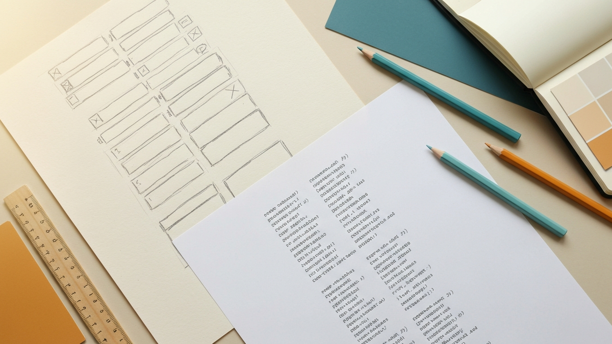Hand-drawn wireframe transforming into printed code