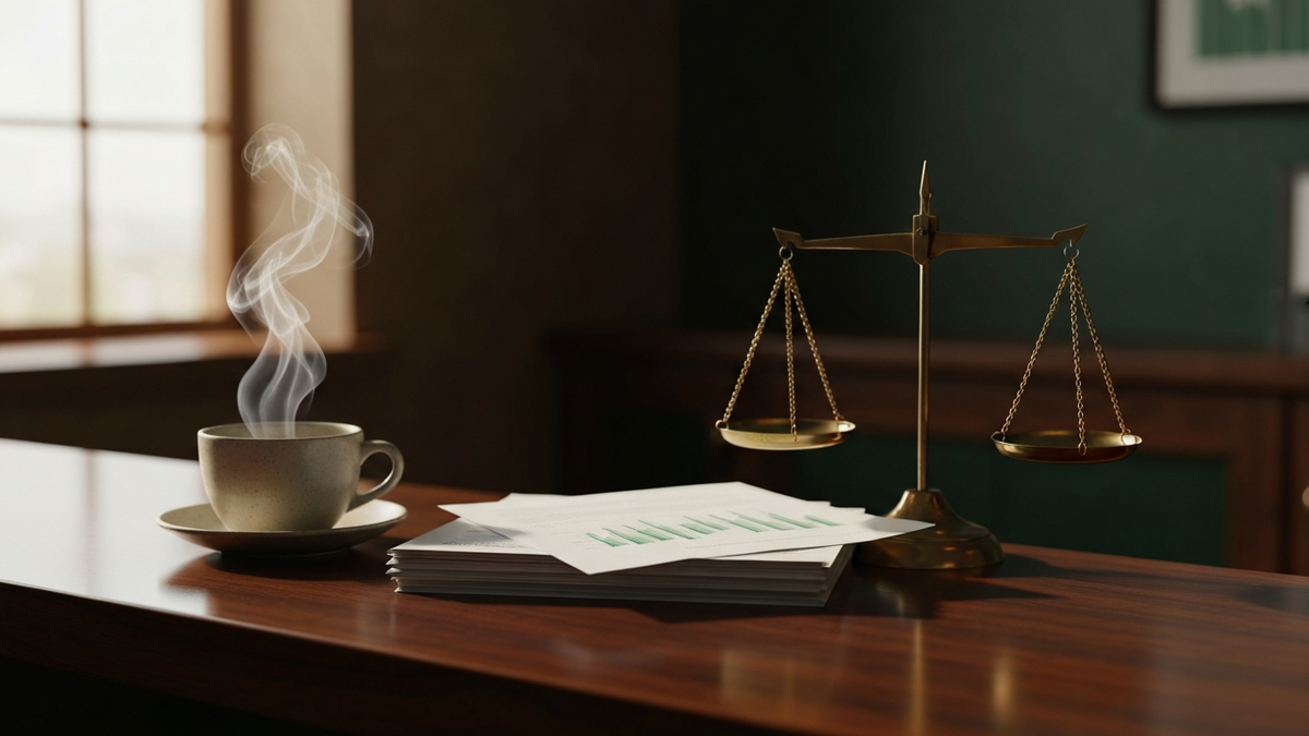 Coffee cup, financial documents and a tipped brass balance scale on a dark wood counter