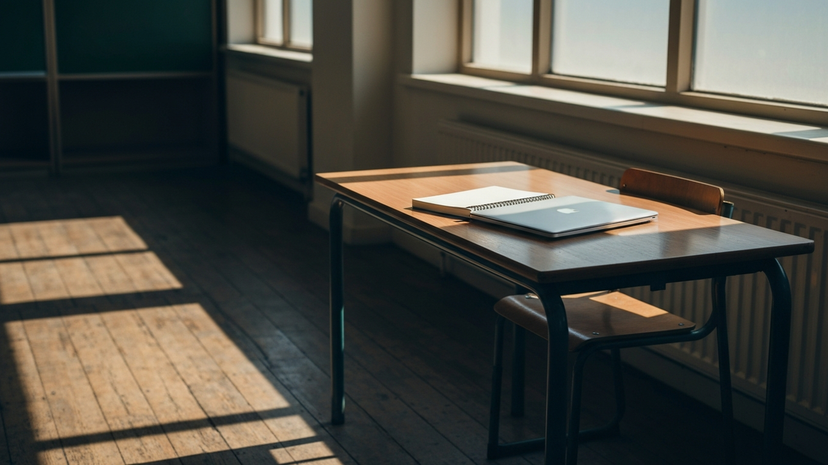 Empty classroom desk by a sunlit window in a UK further-education building